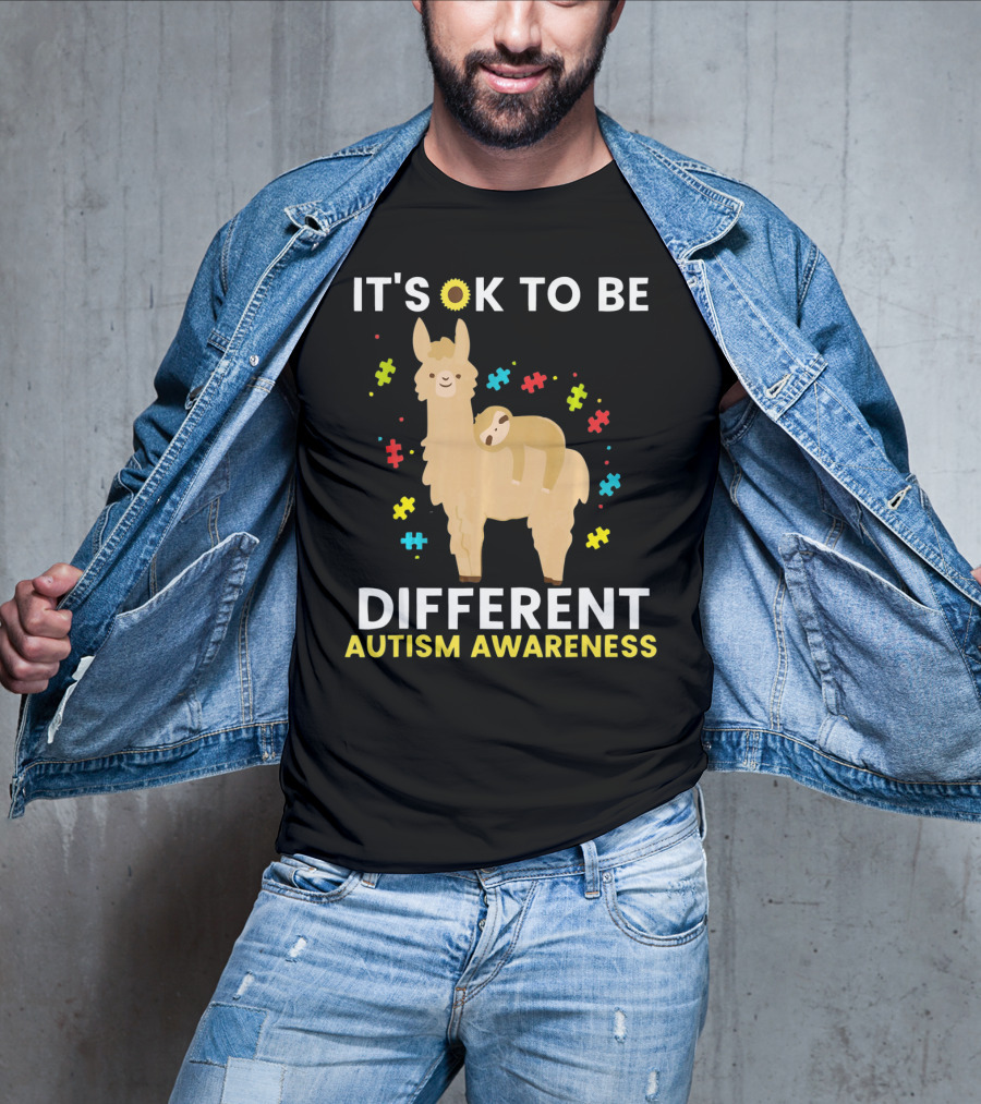 It's OK To Be Different Llama Sloth Autism Awareness T-Shirt