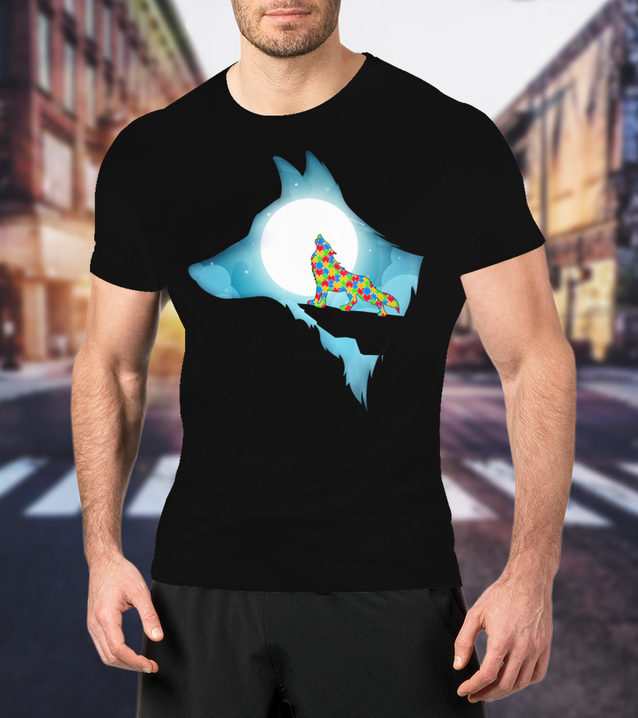 Wolf Wolf Autism Autism Awar Puzzle Wolf Moon T-Shirt