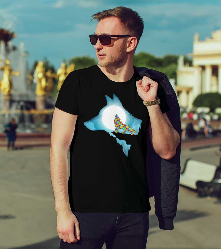 Wolf Wolf Autism Autism Awar Puzzle Wolf Moon T-Shirt