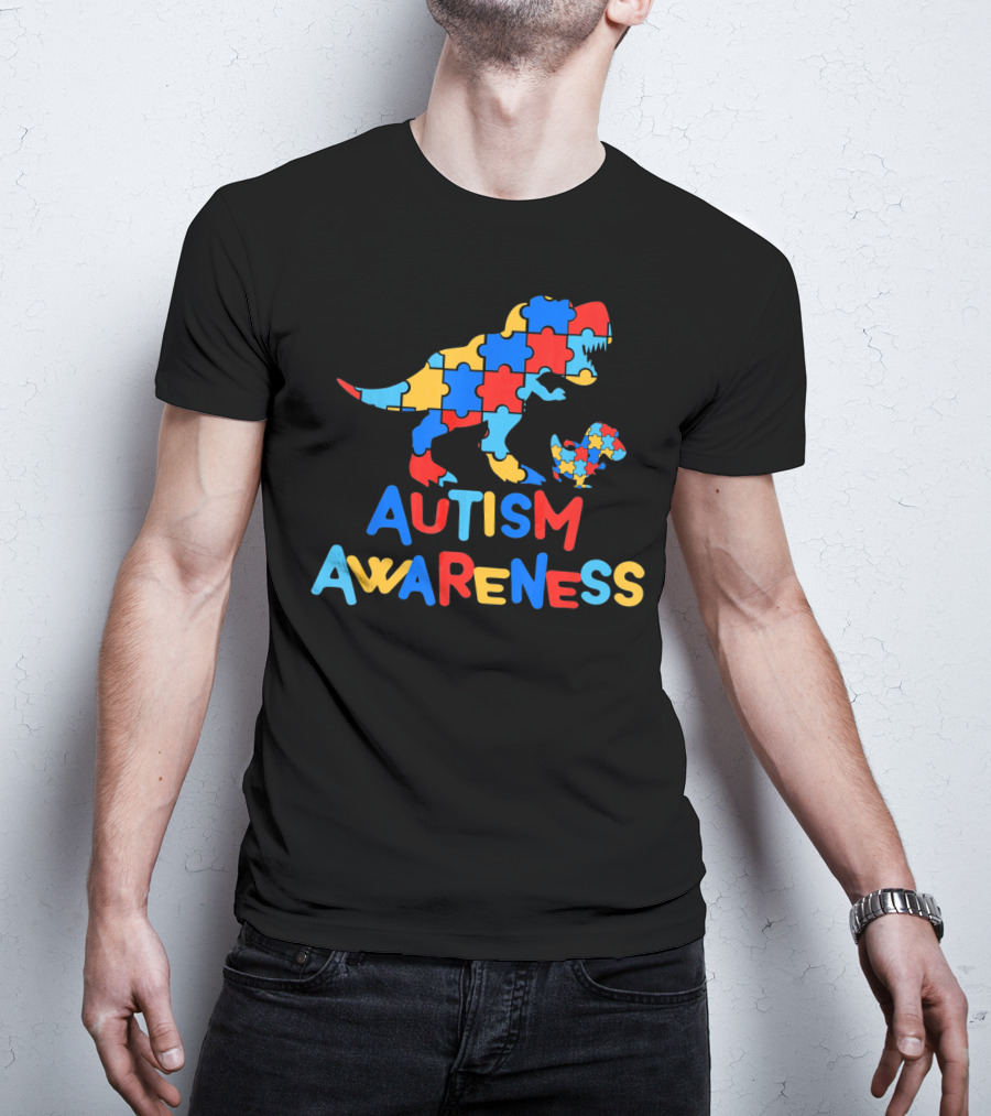 Dinosaur Puzzle Autism Awareness Colorful Piece T-Shirt