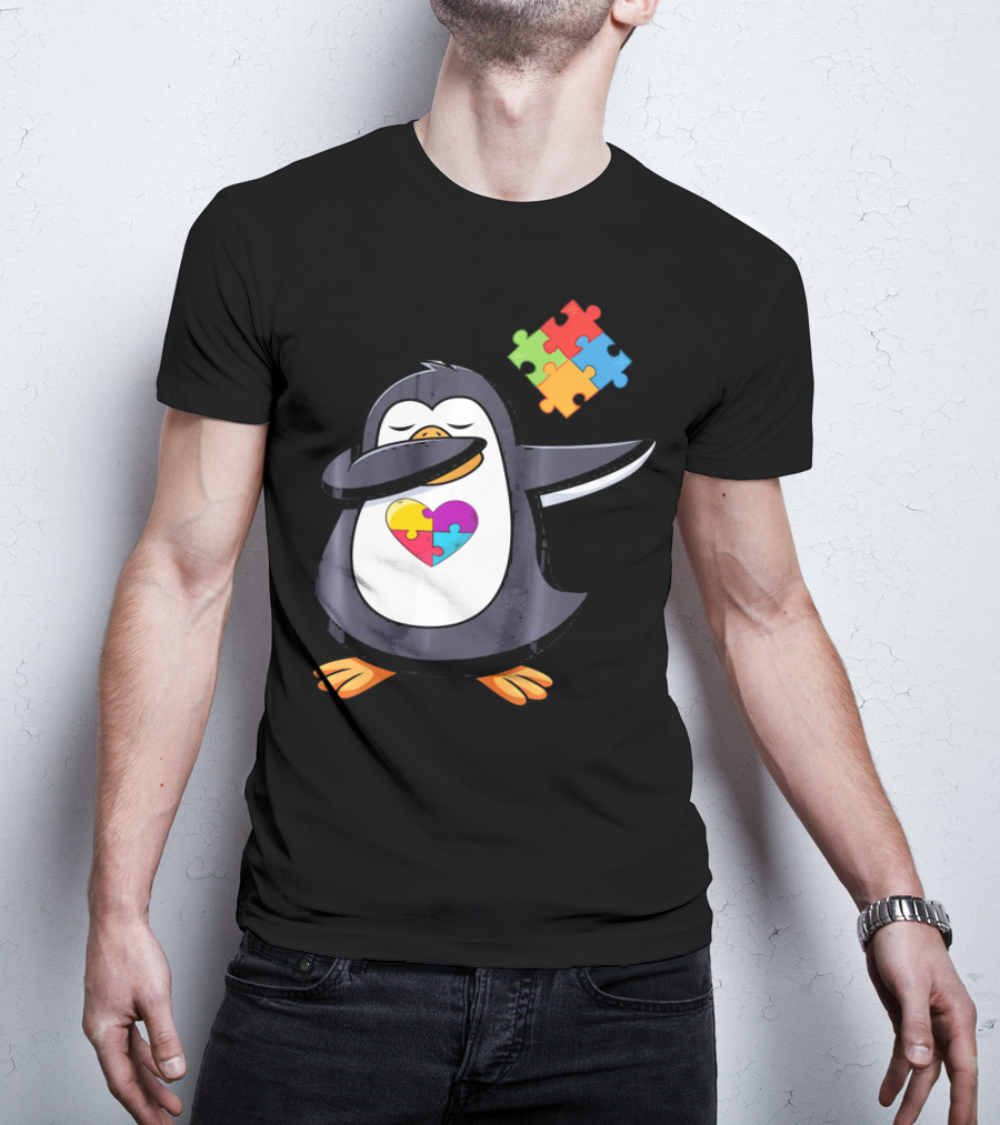 Penguin Dab Puzzle Piece Heart Autism Awareness T-Shirt