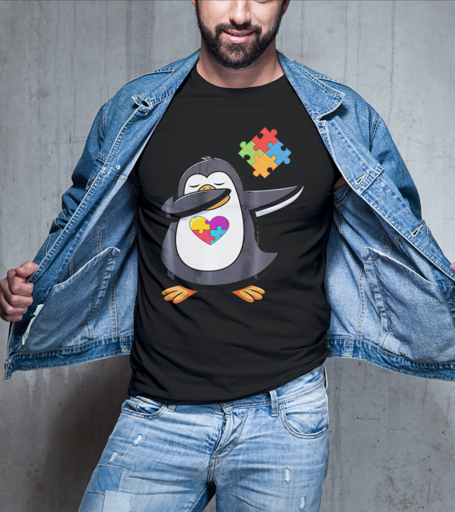 Penguin Dab Puzzle Piece Heart Autism Awareness T-Shirt