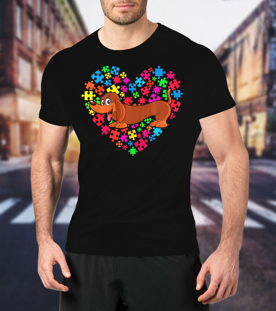 Autism Awareness Dachshund Dog Heart Puzzle Pieces T-Shirt