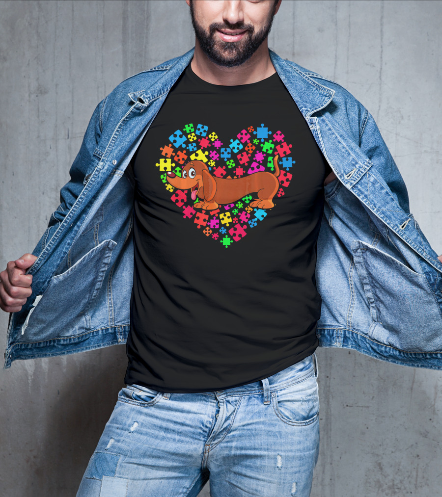 Autism Awareness Dachshund Dog Heart Puzzle Pieces T-Shirt