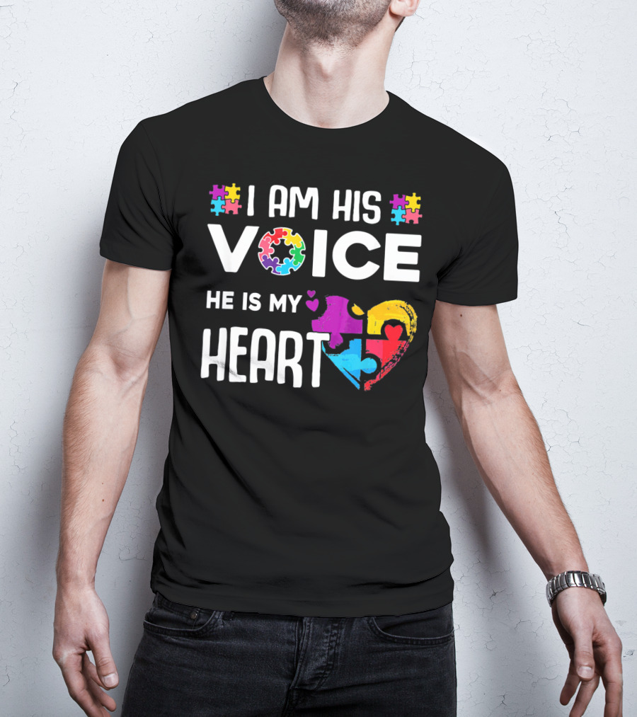 Autism Awareness I Am His Voice He Is My Heart Puzzle Piece Heart T-Shirt