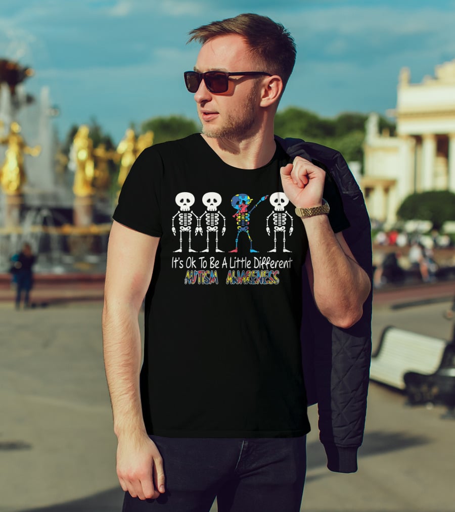 It's Ok To Be A Little Different Autism Awareness Cute Skeleton Dabbing T-Shirt