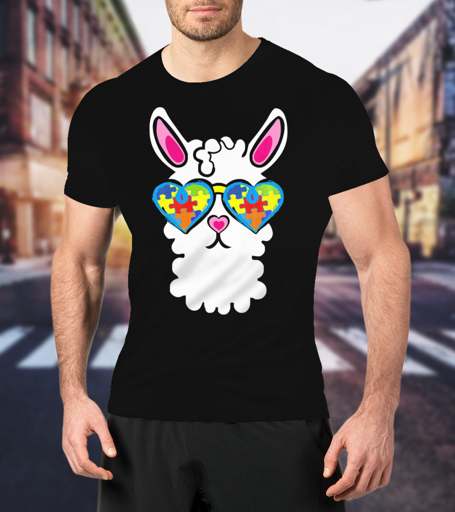 Autism Awareness Llama Heart Puzzle Sunglasses T-Shirt