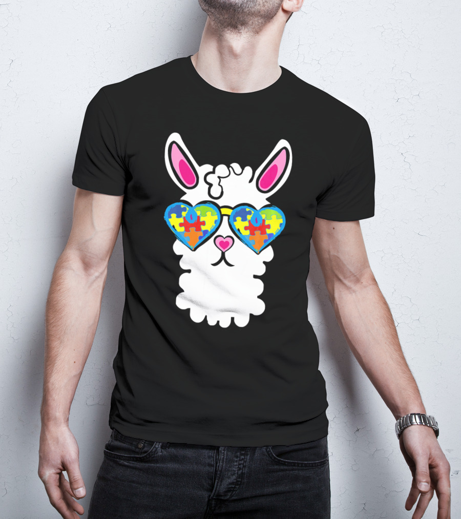 Autism Awareness Llama Heart Puzzle Sunglasses T-Shirt