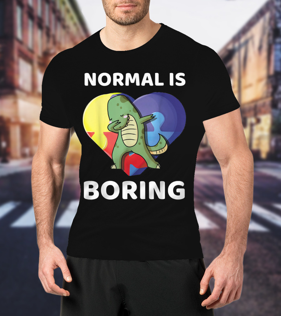 Normal Is Boring Dinosaur Heart Puzzle Autism Awareness T-Shirt