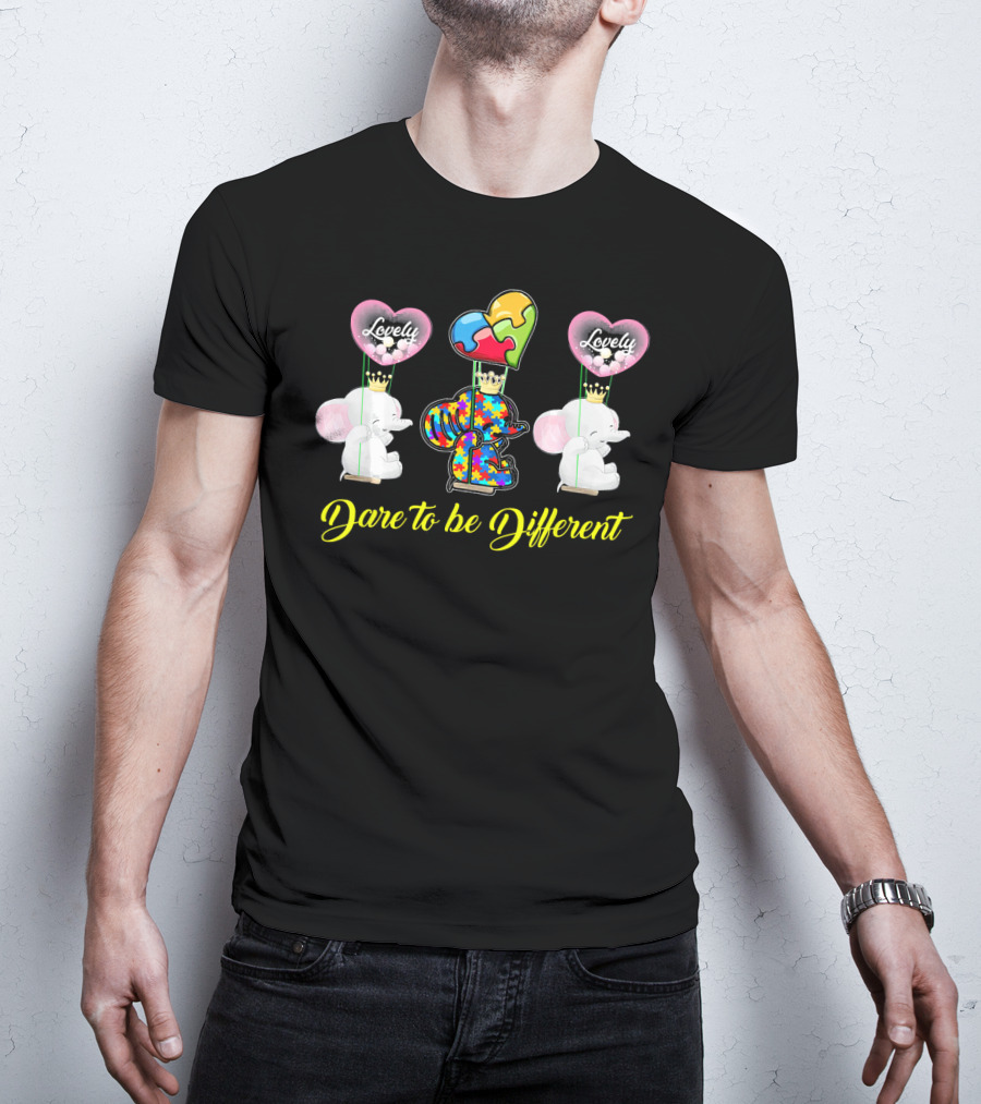 Lovely Dare To Be Different Autism Awareness Elephants With Heart Balloons T-Shirt