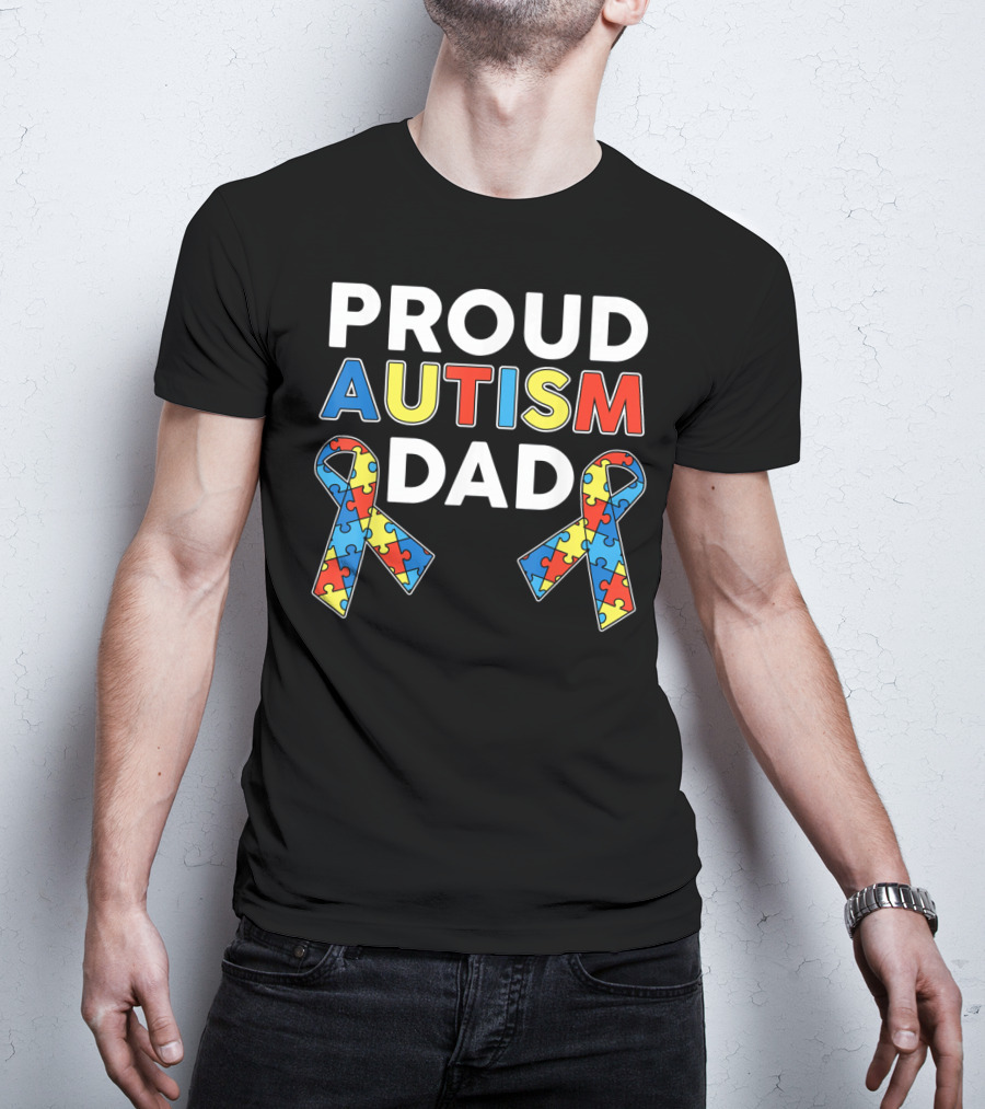 Proud Autism Dad Awareness Ribbon Puzzle T-Shirt