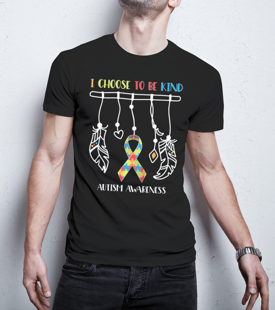 I Choose To Be Kind Autism Awareness Puzzle Ribbon With Dreamcatcher Feathers T-Shirt