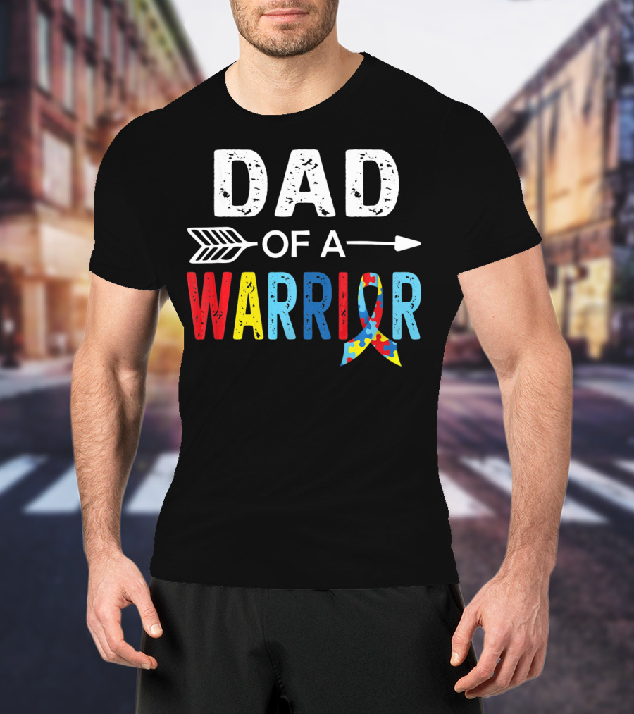 Dad Of A Warrior Autism Awareness Puzzle Ribbon Arrow T-Shirt