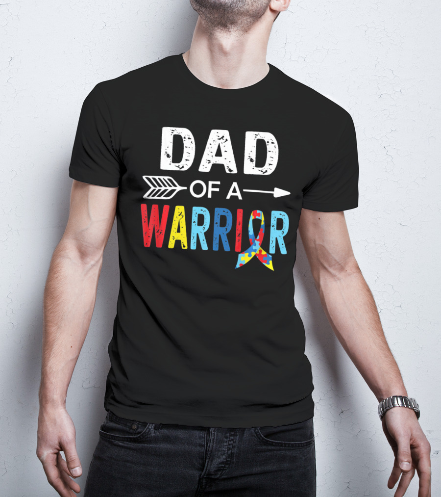 Dad Of A Warrior Autism Awareness Puzzle Ribbon Arrow T-Shirt