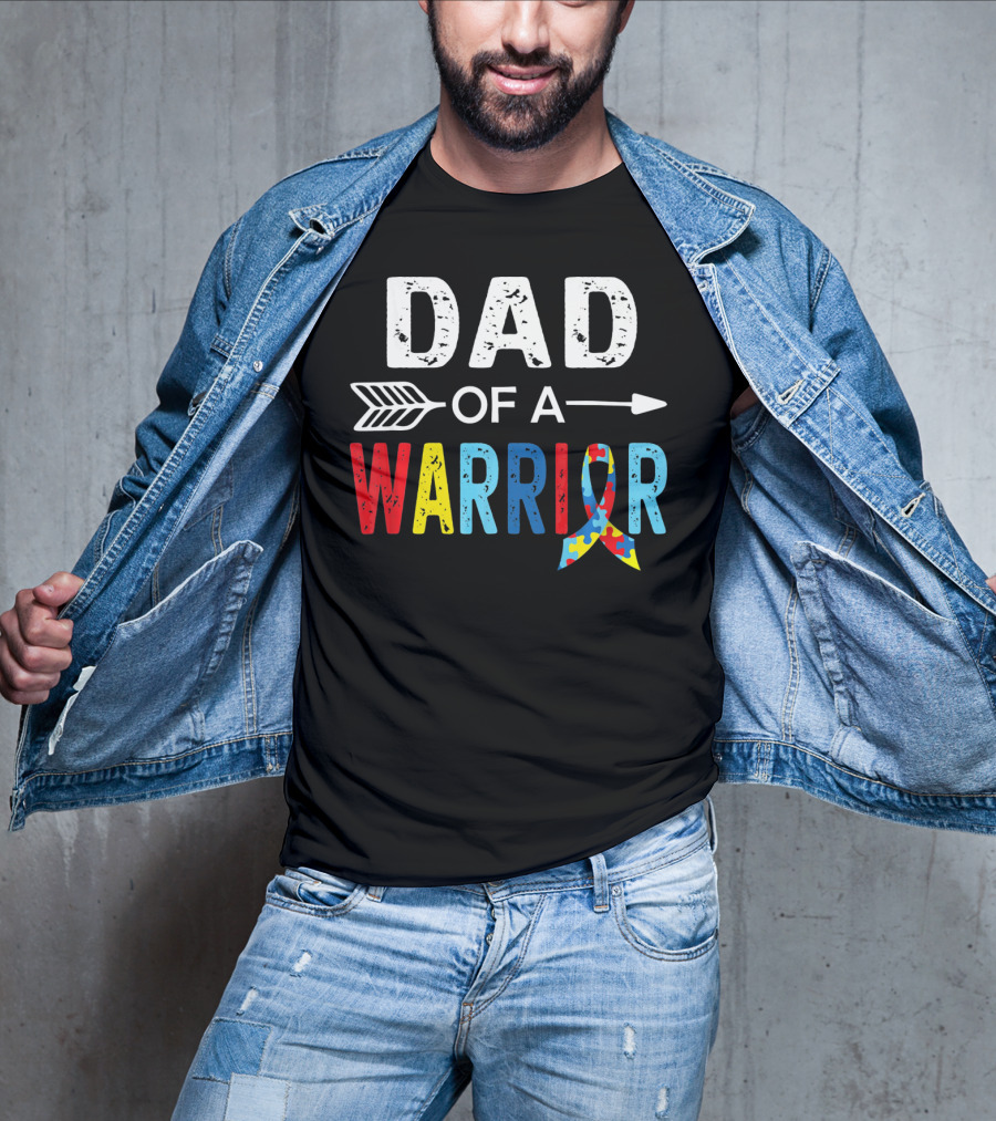 Dad Of A Warrior Autism Awareness Puzzle Ribbon Arrow T-Shirt