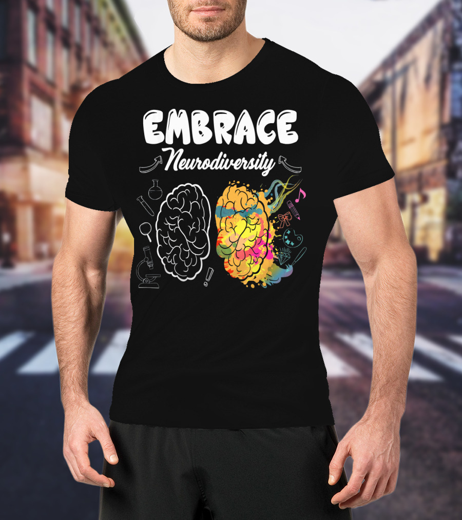 Embrace Neurodiversity Brain Autism Awareness Colorful Science Music Art Icons T-Shirt