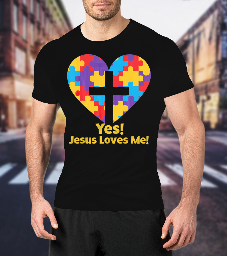 Yes Jesus Loves Me Autism Awareness Catholic Christian Cross Heart Puzzle T-Shirt