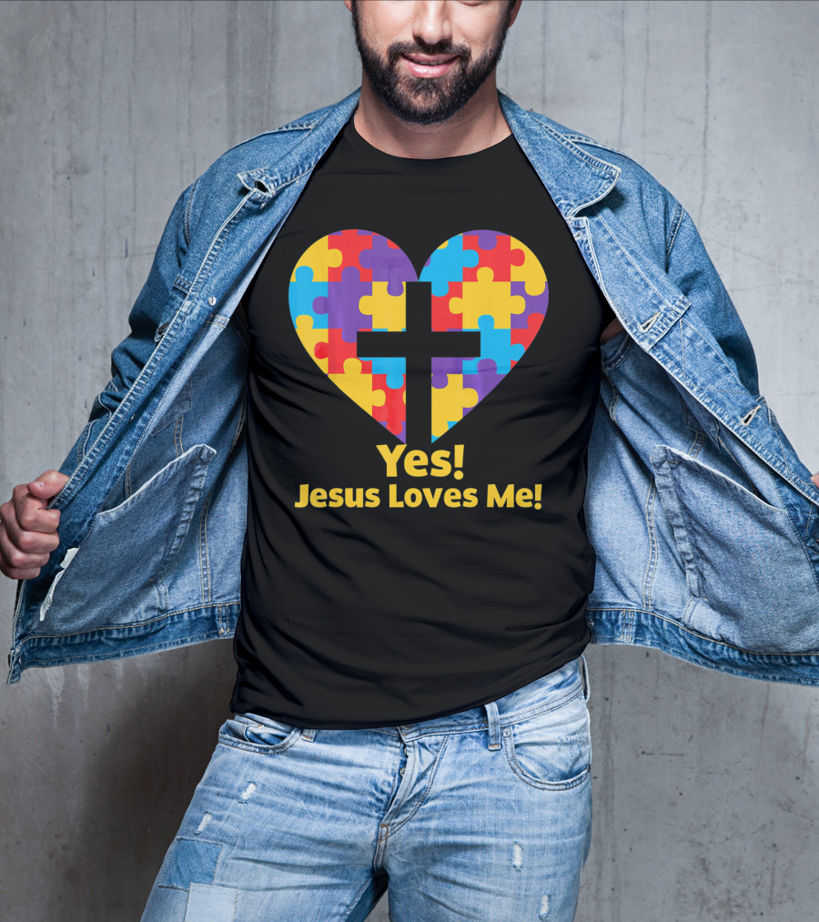Yes Jesus Loves Me Autism Awareness Catholic Christian Cross Heart Puzzle T-Shirt