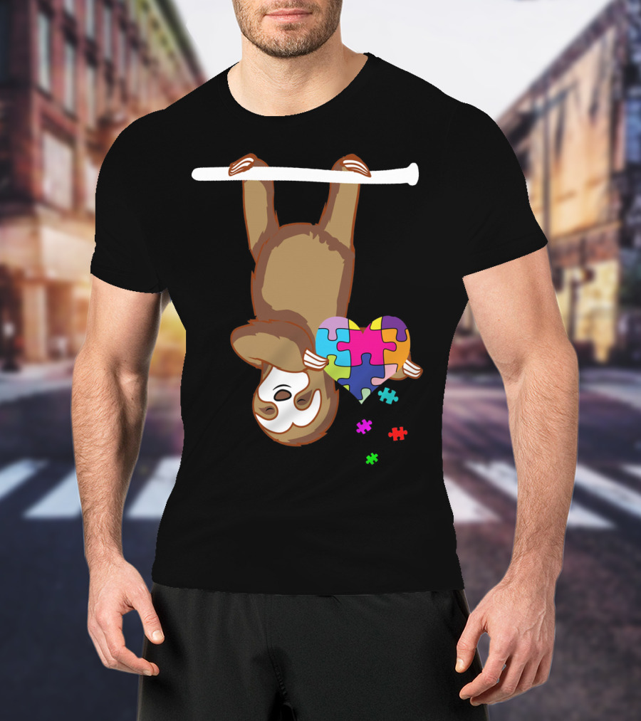 Sloth Holding Puzzle Heart Autism Awareness T-Shirt