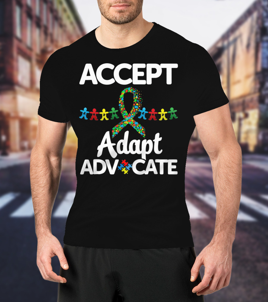 Accept Adapt Advocate Autism Awareness Puzzle Ribbon And Figures T-Shirt