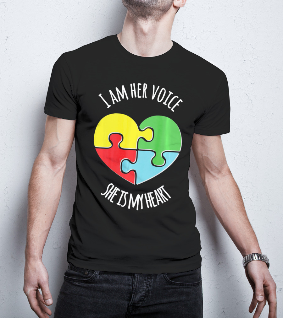 I Am Her Voice Autism Awareness She Is My Heart Puzzle Piece T-Shirt