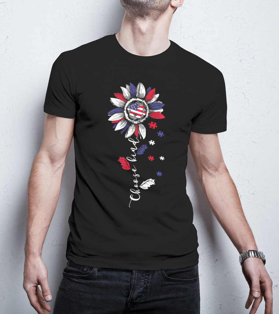 Patriotic Sunflower With Puzzle Pieces And Choose Kind Autism Awareness T-Shirt