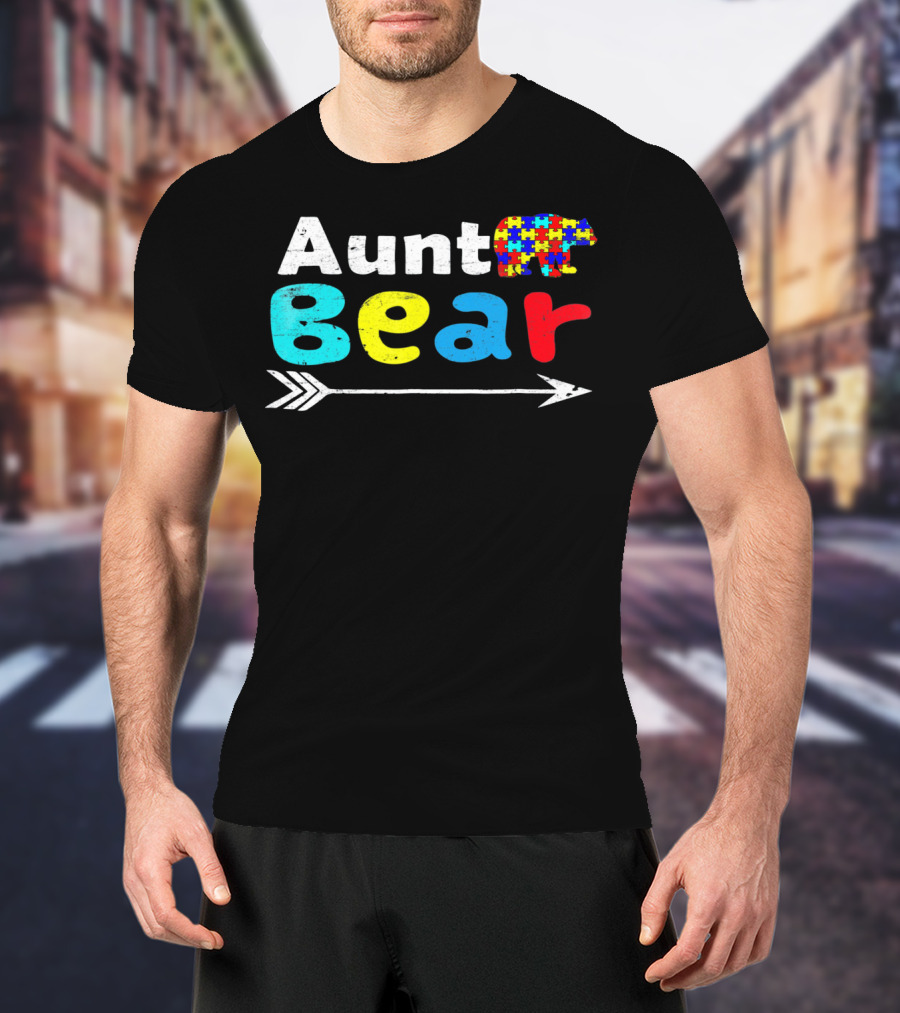 Aunt Bear Autism Awareness Puzzle Bear Arrow T-Shirt