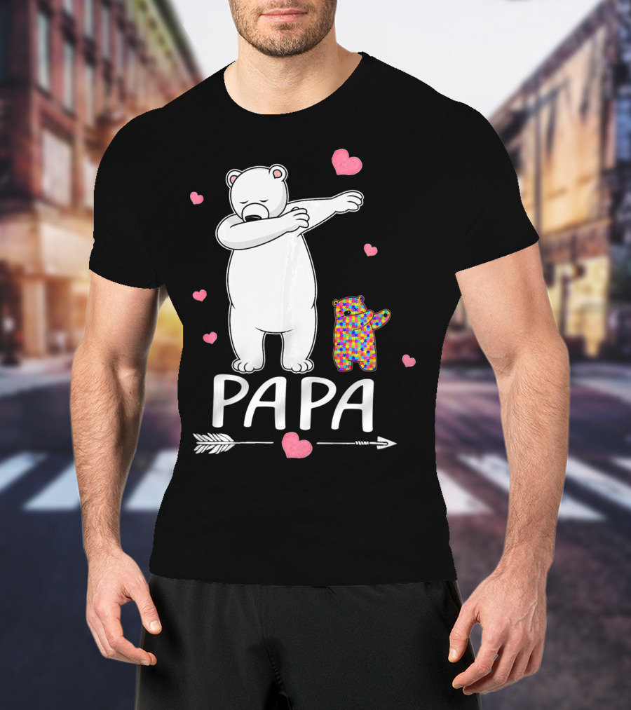 Papa Bear Dabbing With Autism Awareness Puzzle Bear And Hearts T-Shirt