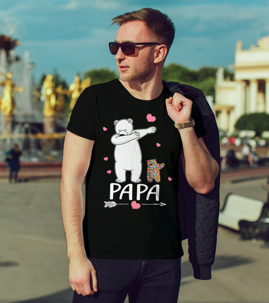 Papa Bear Dabbing With Autism Awareness Puzzle Bear And Hearts T-Shirt