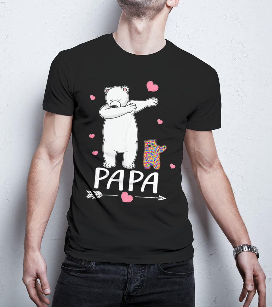 Papa Bear Dabbing With Autism Awareness Puzzle Bear And Hearts T-Shirt