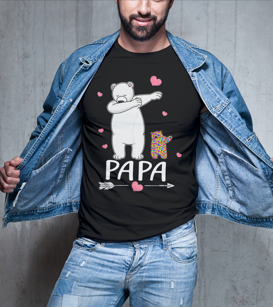 Papa Bear Dabbing With Autism Awareness Puzzle Bear And Hearts T-Shirt