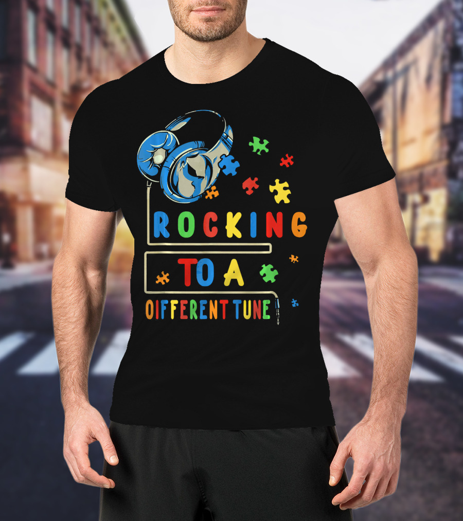 Rocking To A Different Tune Autism Awareness Headphones Puzzle Pieces T-Shirt