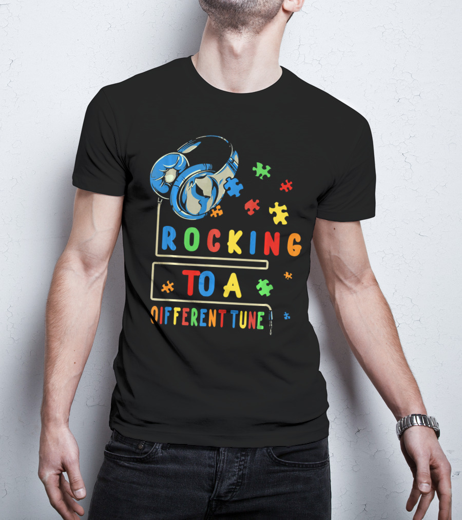Rocking To A Different Tune Autism Awareness Headphones Puzzle Pieces T-Shirt