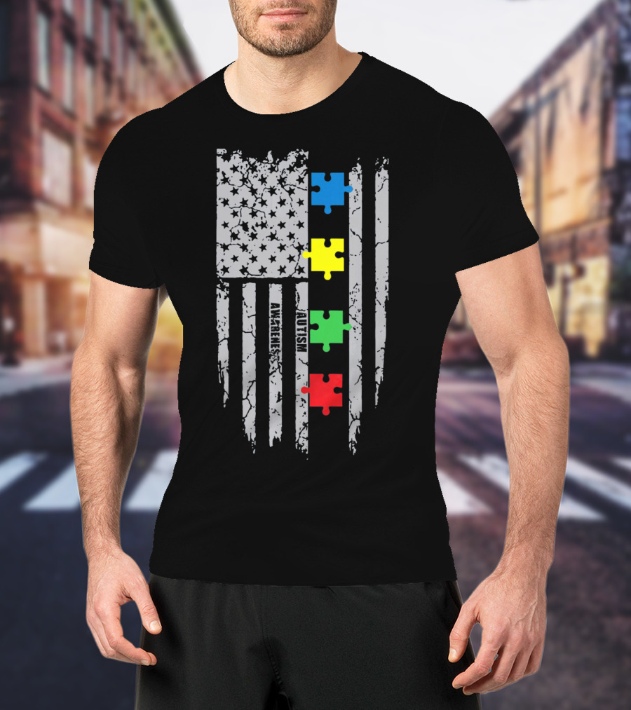 Autism Awareness Puzzle Flag With Colored Pieces T-Shirt