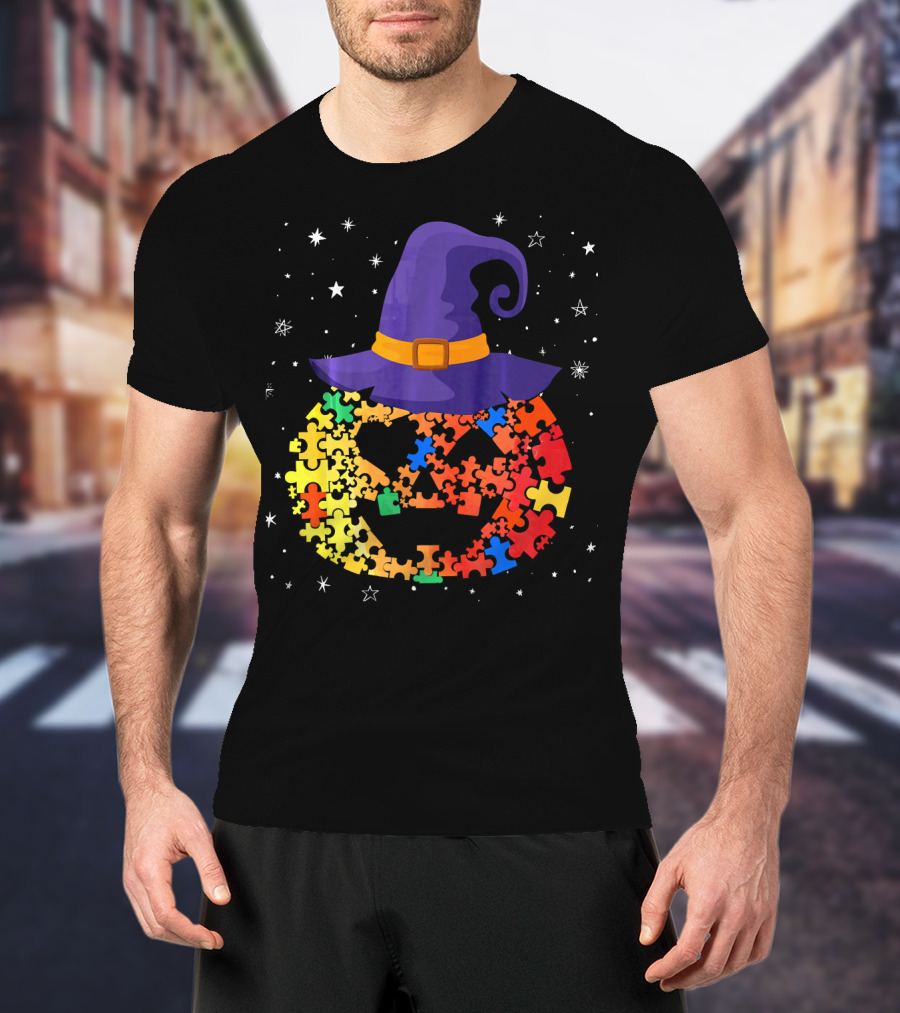 Pumpkin Autism Awareness Halloween Witch Hat Puzzle Piece T-Shirt