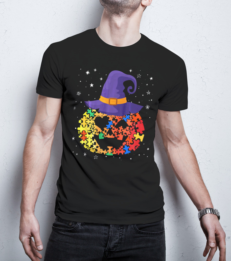 Pumpkin Autism Awareness Halloween Witch Hat Puzzle Piece T-Shirt