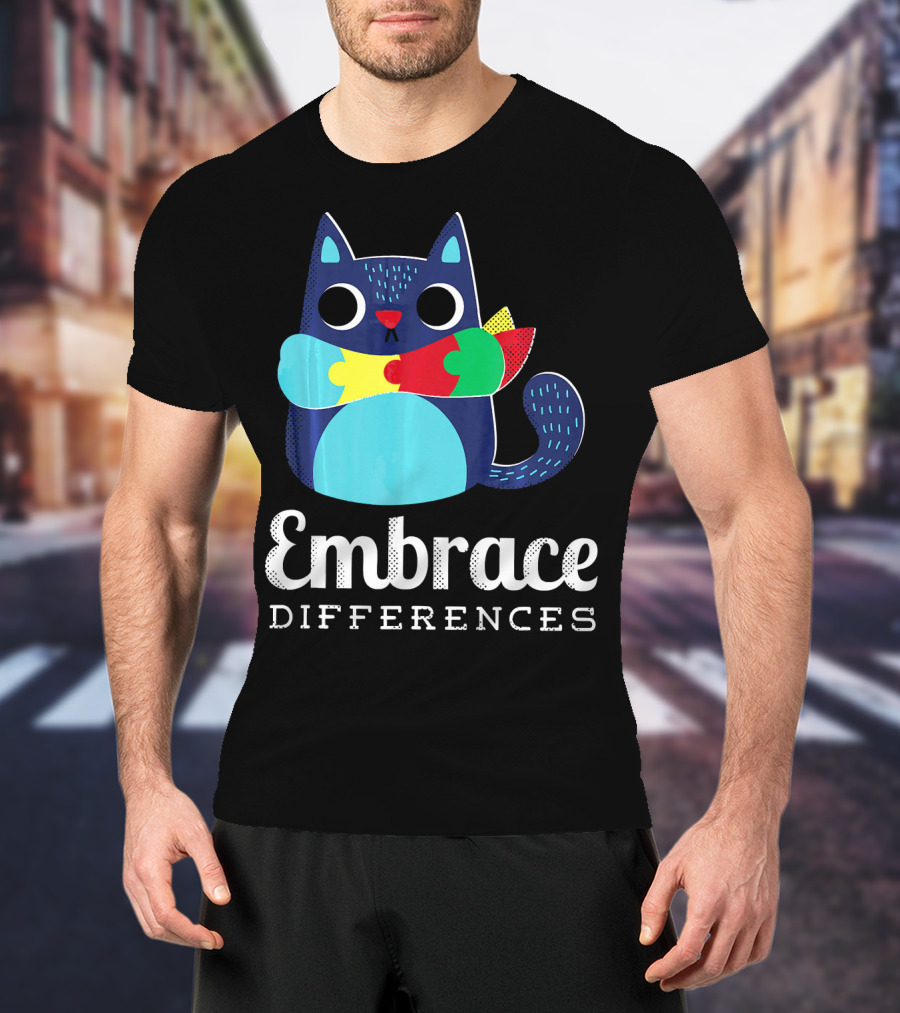 Embrace Differences Autism Support Awareness Puzzle Cat T-Shirt