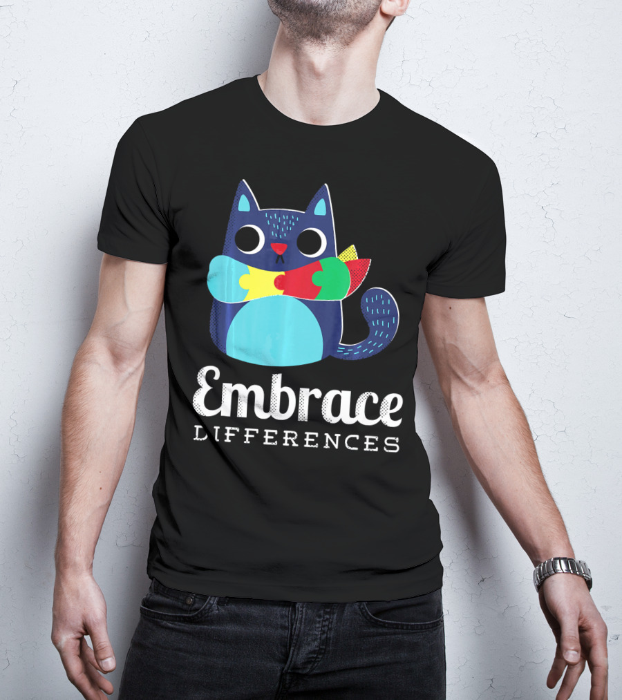 Embrace Differences Autism Support Awareness Puzzle Cat T-Shirt