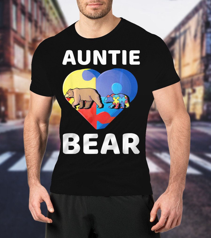 Auntie Bear Heart Puzzle Autism Awareness T-Shirt