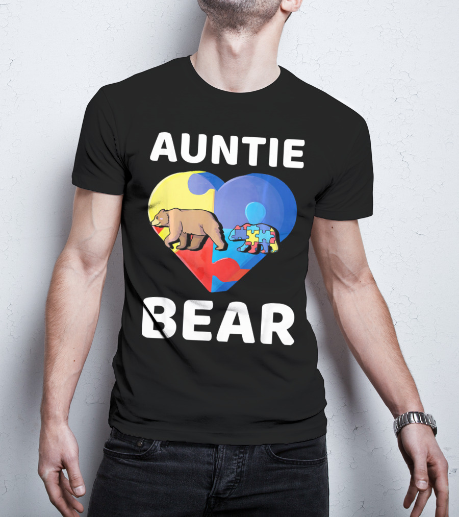 Auntie Bear Heart Puzzle Autism Awareness T-Shirt