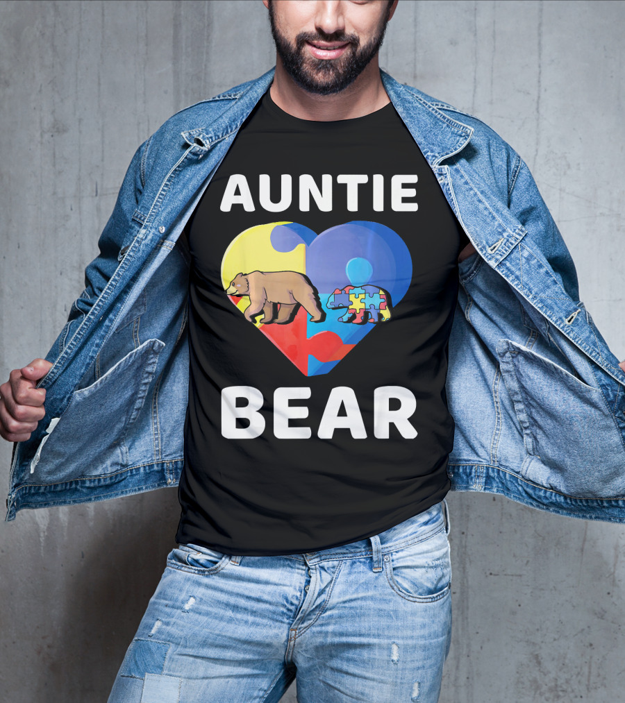 Auntie Bear Heart Puzzle Autism Awareness T-Shirt