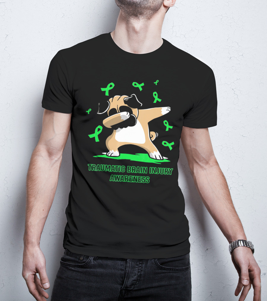 Traumatic Brain Injury Awareness Dabbing Pug Dog With Green Ribbons T-Shirt