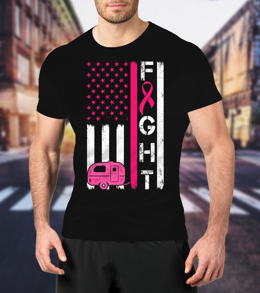 Fight Cancer Ribbon Camping Van American Flag T-Shirt