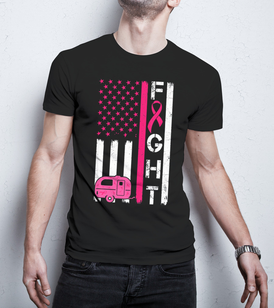 Fight Cancer Ribbon Camping Van American Flag T-Shirt