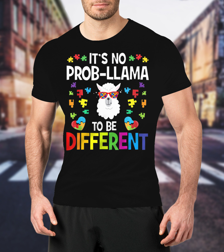 It's No Prob-Llama To Be Different Autism Awareness Puzzle Pieces T-Shirt