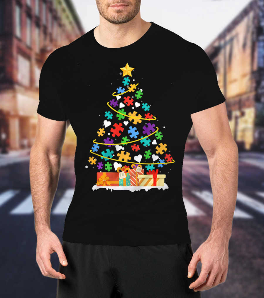 Autism Awareness Puzzle Piece Christmas Tree With Gifts And Hearts T-Shirt