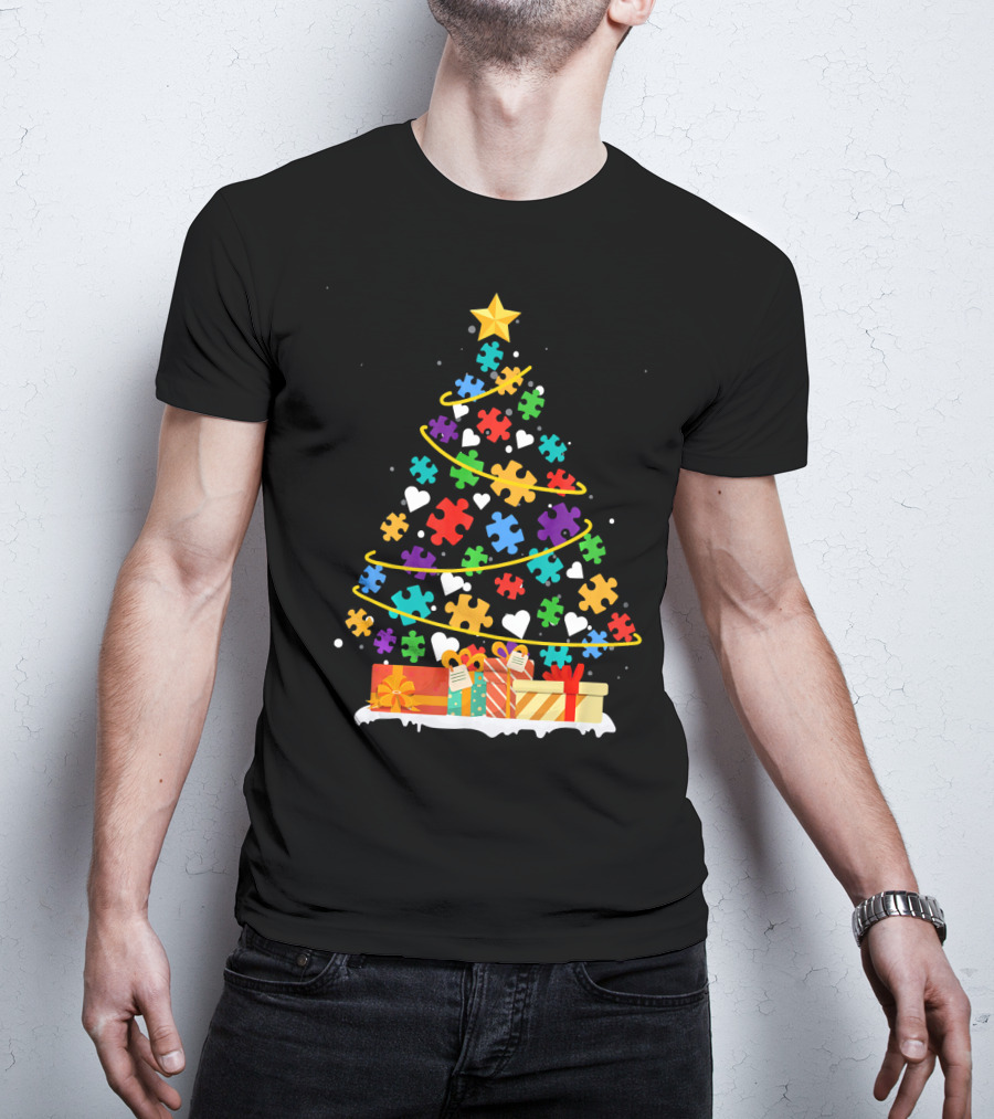 Autism Awareness Puzzle Piece Christmas Tree With Gifts And Hearts T-Shirt