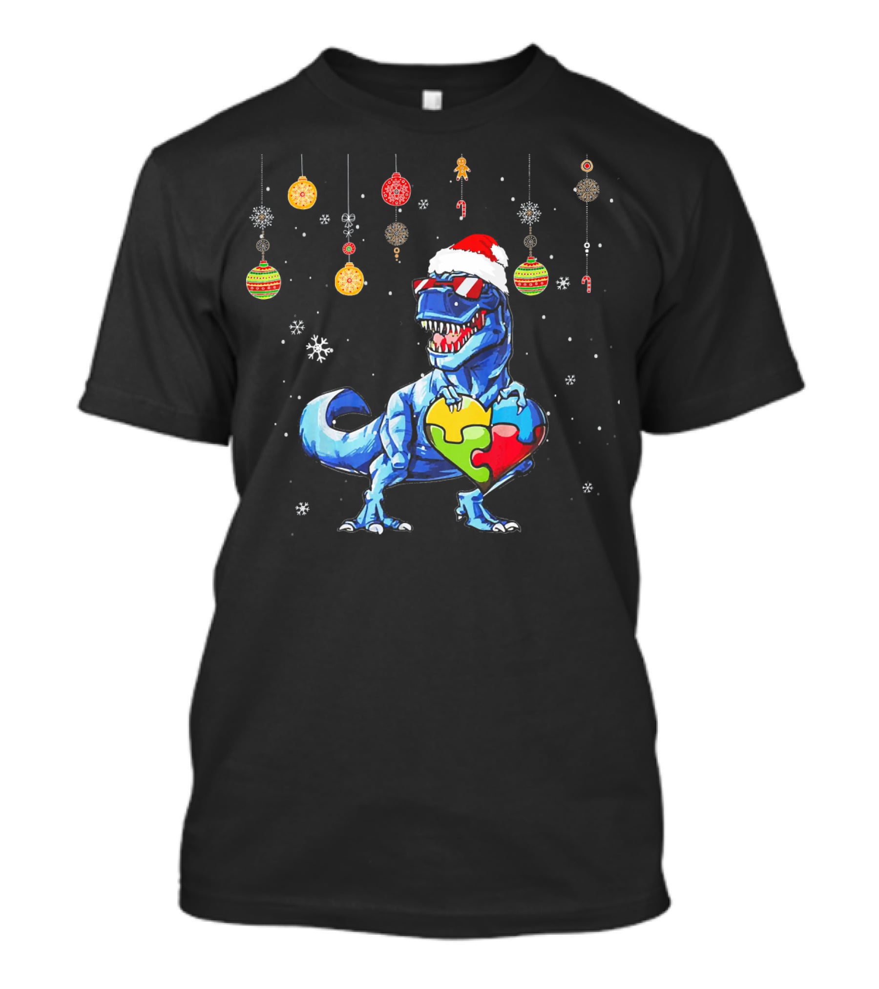 Christmas Dinosaur With Puzzle Heart And Santa Hat T-Shirt