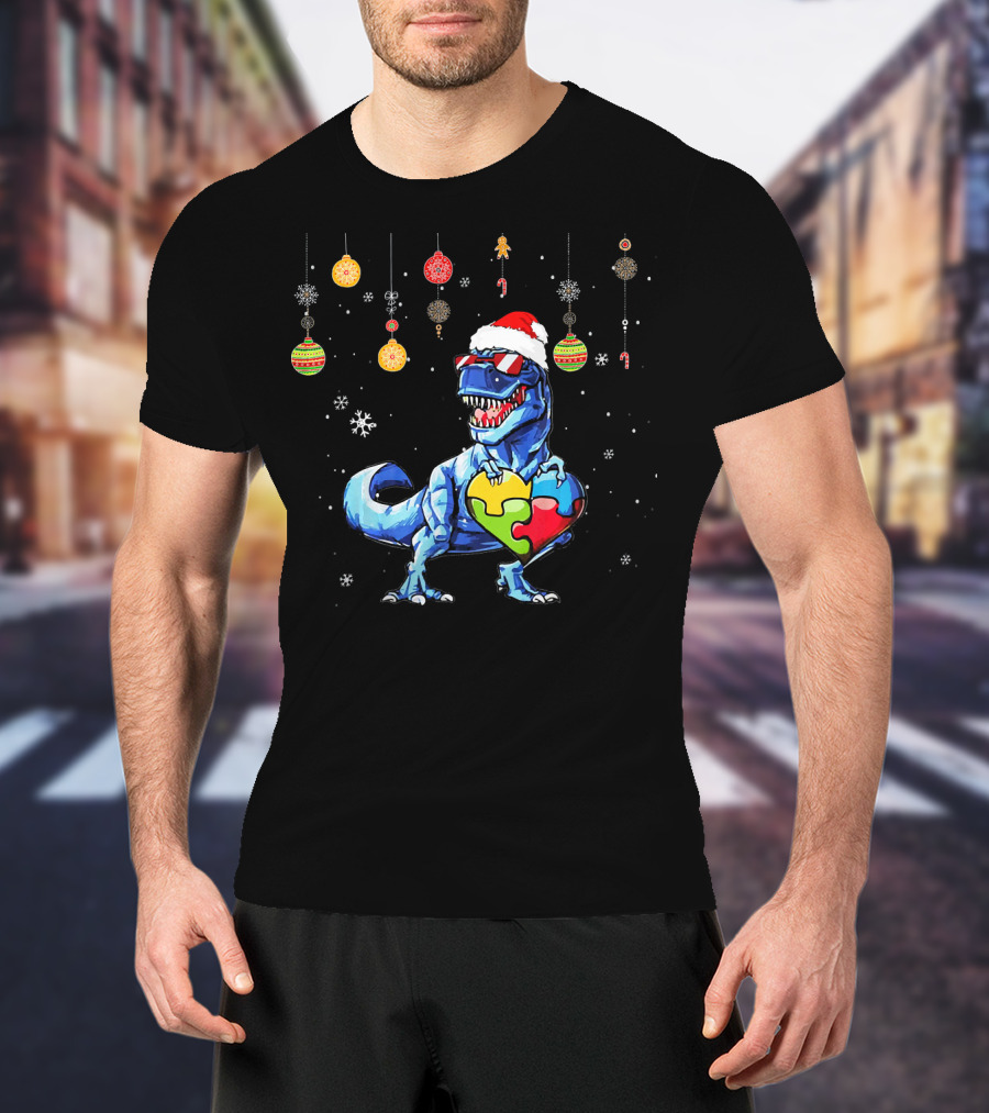 Christmas Dinosaur With Puzzle Heart And Santa Hat T-Shirt