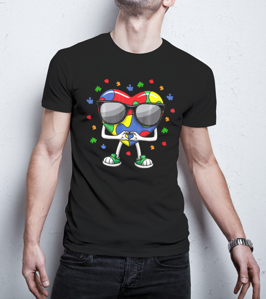Autism Awareness Month Colorful Puzzle Heart With Sunglasses And Love Gesture T-Shirt